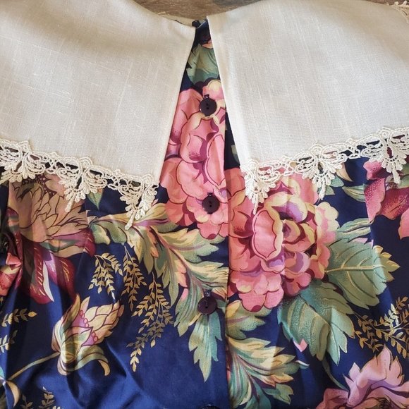 Vintage 80s Floral Blue Blouson Midi Dress Exaggerated Collar Cottage Core Small - Picture 6 of 8